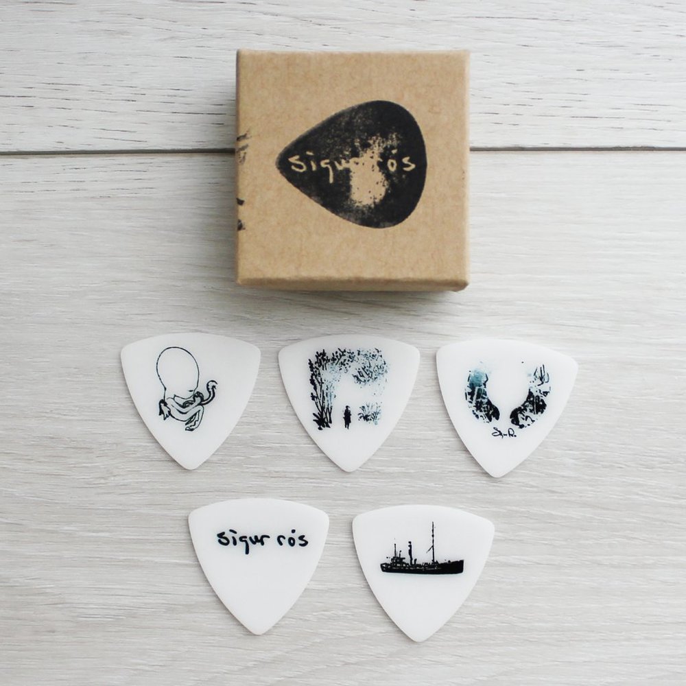 NEW Sigur Ros Set of 5 Collectible White Heavyweight Triangle Bass Guitar Picks